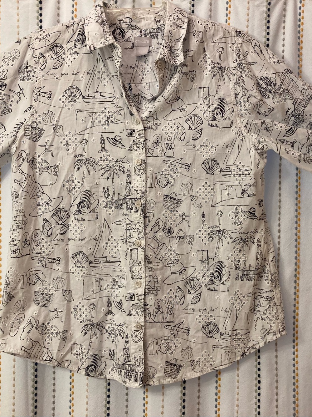Chico's Black & White Nautical Sketch Button-Down Shirt